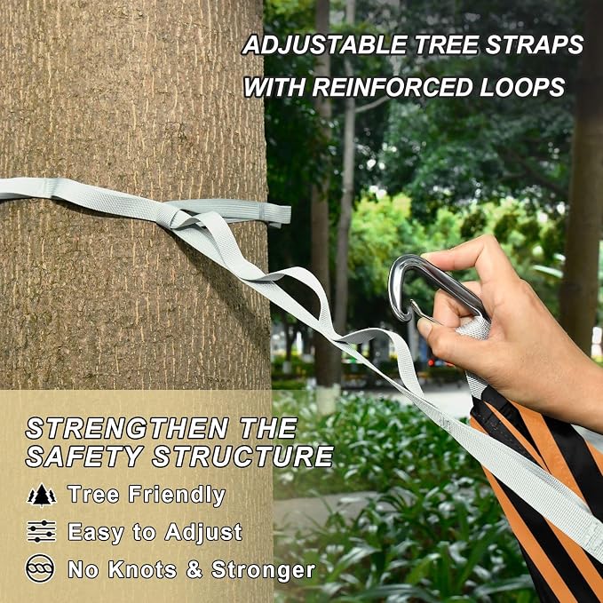 Camping Hammock Outdoor Hammocks for Outside Orange Black Stripe Beach Trees Portable Lightweight with Pockets Tree Straps Indoor