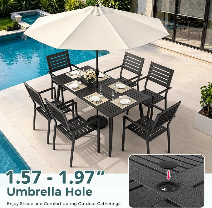 Pamapic 7-Piece HDPE Outdoor Dining Set, All-Weather Patio Furniture Set with Powder-Coated Iron Frame, Outdoor Table & 6 Stackable Chairs for Garden, Backyard, Poolside, Deck