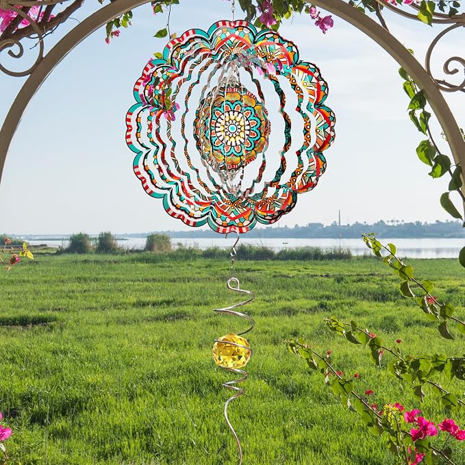 Mandala Wind Spinner - Lucky Star Design | 12-Inch Laser Cut Stainless Steel, Kinetic Hanging Wind Sculpture for Garden, Porch, Patio, Home | Outdoor 3D Metal Windcatcher & Yard Art
