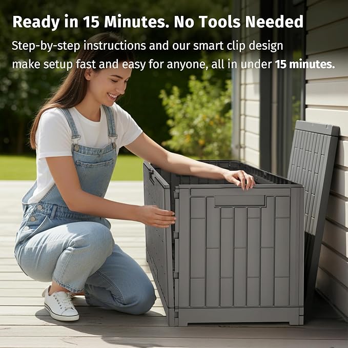 EAST OAK 120 Gallon Outdoor Storage Box | Large Resin Deck Box with Reinforced Stainless Steel Support | Waterproof & UV-Resistant Patio Storage Box for Cushions, Garden Tools & Pool Accessories, Grey