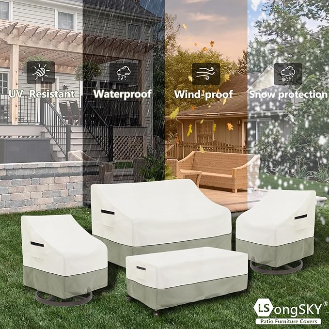 Patio Furniture Covers 4 Piece Set, 600d Heavy Duty Outdoor Furniture Covers Waterproof for Patio Loveseat, Swivel Rocker Chair and Coffee Table,White&Grayish Green