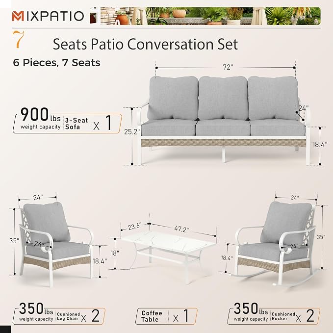 MIXPATIO 6 Piece Patio Furniture Set, 2 x Fixed Chair, 2 x Rocking Chair, 1 x 3-Seat Sofa with Marbling Coffee Table, 7 Seats Outdoor Conversation Set for Lawn Garden Backyard, Light Gray