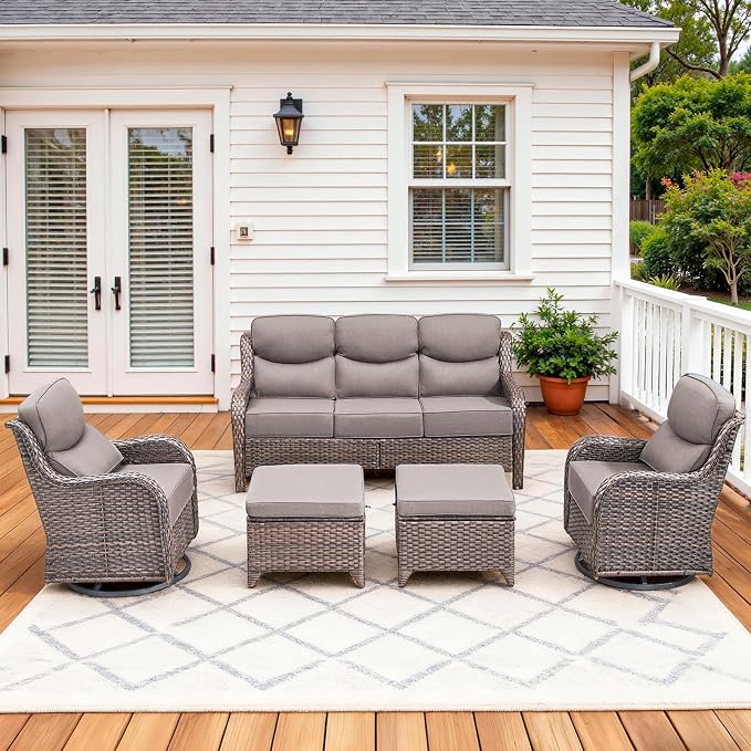 Luxury High Back Patio Furniture Set with 6-Inch Thick Cushions, 5-Pieces Outdoor Furniture with Swivel Chairs, Wicker Conversation Set for Porch, Balcony, Deck and Yard, Brown/Grey