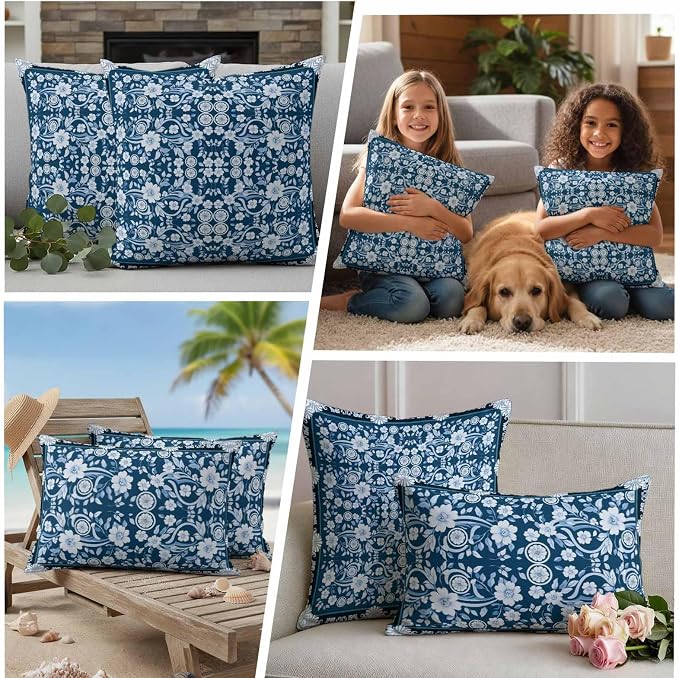 Blue White White Flowers Waterproof Outdoor Pillow Covers Set of 2 Home Decor, Rustic Vintage Botanical Leaves Pillowcase Patio Pillow Covers for Couch Bench Furniture Garden 20x20in
