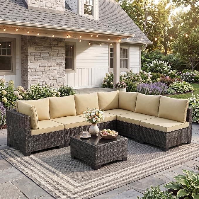 ANJ 7 Piece Outdoor Wicker Patio Furniture Set, Modular Loveseat Sofa with with Glass Top Coffee Table, All-Weather Rattan Conversation Couch Set for Balcony, Backyard, Dark Brown Wicker-Camel