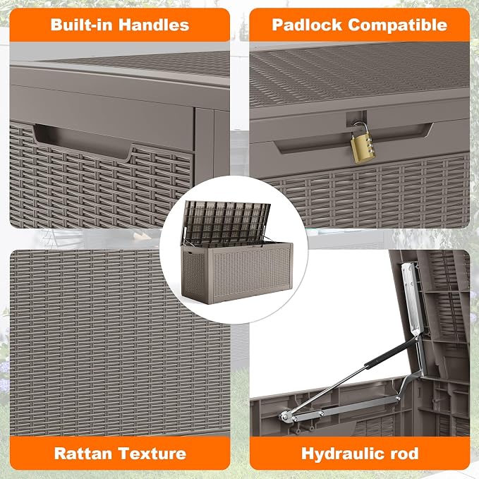 ROJIK 125 Gallon Waterproof Outdoor Deck Storage Box, Lockable Resin Patio Storage Bin with Lid for Garden Tools, Patio Cushions & Outdoor Accessories (Grey)