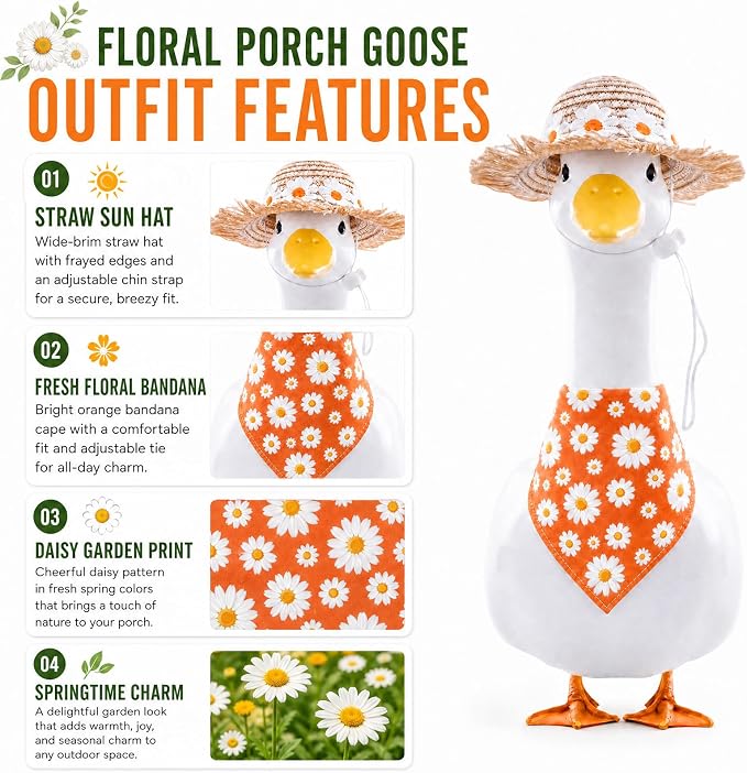 Summer Floral Porch Goose Outfit - 2Pcs Cute Orange Daisy Flower Clothes with Straw Hat & Bandana Bib, Garden Lawn Decoration for 23 Inch Cement/Plastic Statue