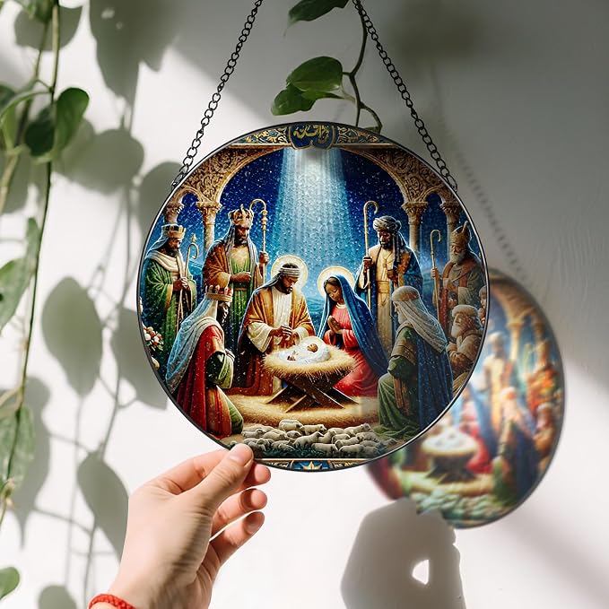Stained Glass Suncatcher, Black Nativity Scene Sun Catcher Ornament; Stained Glass Window Hanging, Christmas Ornament, Christian Decor; Gifts for Christmas, Christian Gift, Religious Gift
