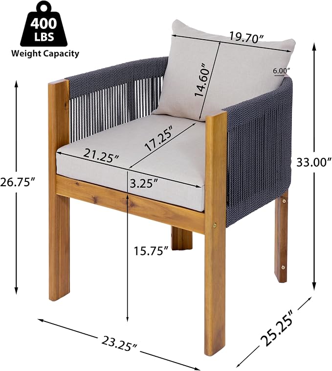 Christopher Knight Home Matera Acacia Wood Outdoor Dining Set for 6, 7 Piece Patio Dining Table and Chair Set, Wooden Outdoor Dining Armchair and Table Set with Cushion, Black+Teak+Sand