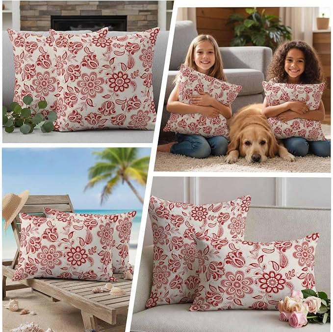 Abstract Paisley Pattern Outdoor Pillow Covers Set of 2 Retro Ethnic Red Flower Waterproof Throw Pillow Cover Decorative Cushion Cases for Patio Porch Garden 16X16 Inch