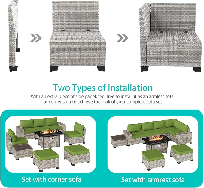 9-Piece Outdoor Patio Furniture Set with 55,000 BTU Fire Pit Table, PE Wicker Rattan Sectional Sofa Patio Conversation Set with Ottomans & Coffee Table, Avocado Green