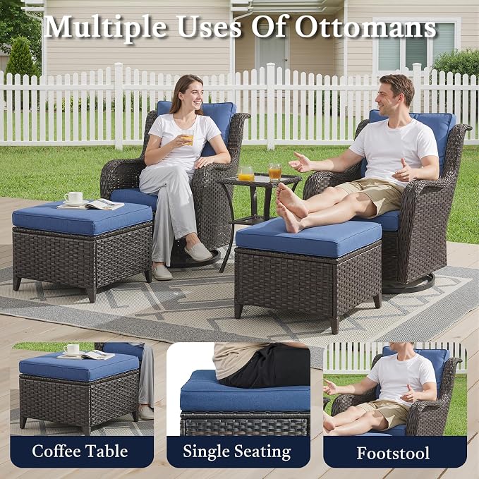 Outdoor Patio Furniture Set-5 Piece Outdoor Swivel Rocker Chairs with Ottomans Patio Furniture Set for Deck Balcony Poolside Backyard-Brown/Blue