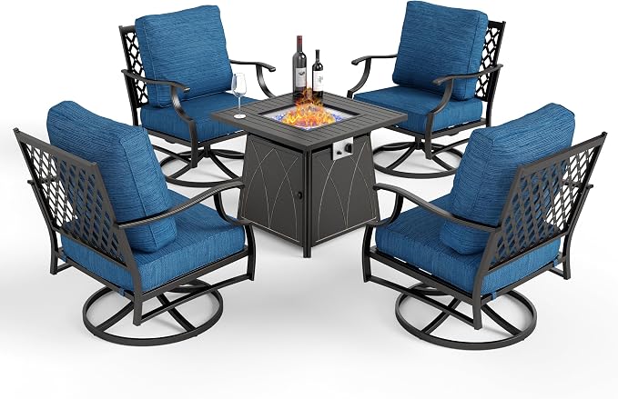 MIXPATIO Patio Furniture Set with Fire Pit Table, 5 Pcs Metal Outdoor Conversation Set, 4 Swivel Chairs with 5.75" Extra Thick Cushion and 28" Fire Pit Table for Backyard Deck, Green Blue