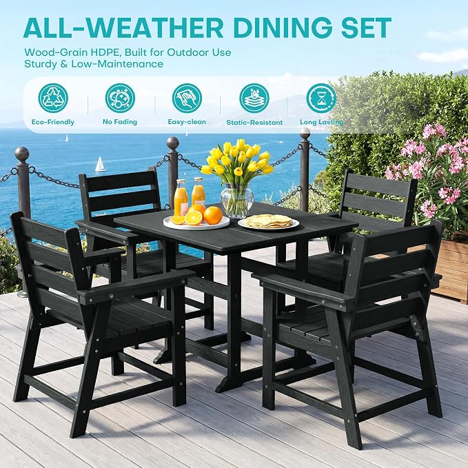 5 Piece Patio Dining Set, HDPE All-Weather Furniture with 4 Chairs & 1 Square Table, for Backyard, Garden, Garden, Black
