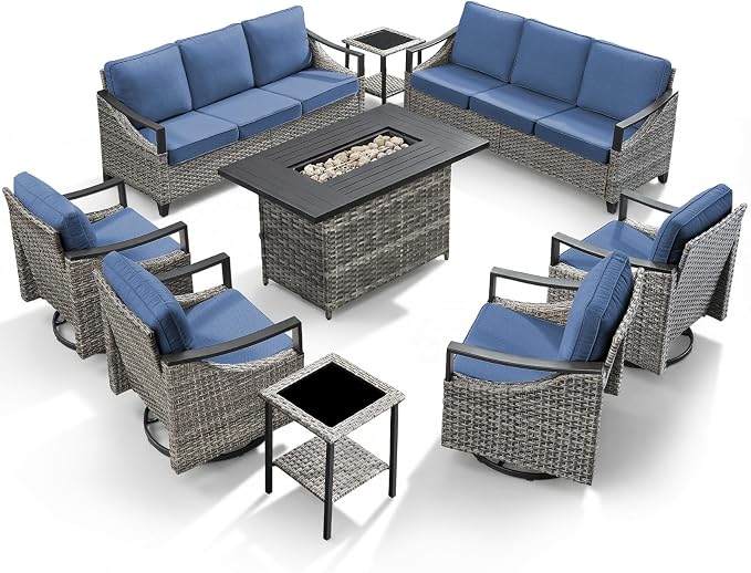 Patio Furniture Set with 42.5" Fire Pit Table-9 Pieces All Weather Wicker Outdoor Furniture with High Back Swivel Patio Chairs Set of 4 Outdoor Patio Conversation for Deck Garden Blue/Gray