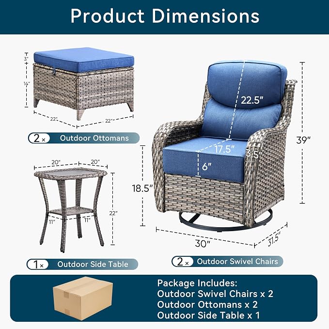 Luxury 5 Pieces Outdoor Patio Furniture Set-All Weather Wicker Outdoor Furniture with Swivel Rocker Patio Chairs 6-inch Extra Thick Cushions Wicker Conversation Set for Garden Porch(Grey/Blue)