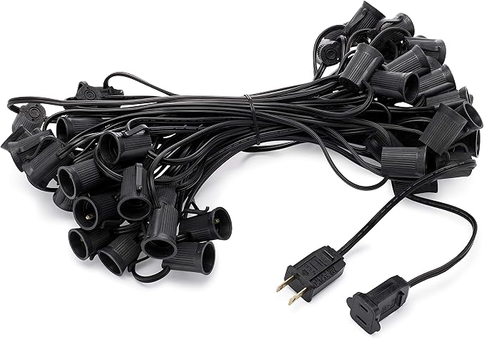 Holiday Lighting Outlet C9 Christmas Light String, Patio Event Lighting, Black Cord, 12" Socket Spacing, E17 (50')