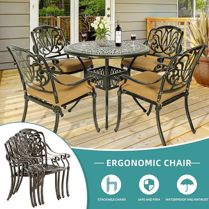MEETWARM 5 Piece Outdoor Furniture Patio Dining Set, All-Weather Cast Aluminum Patio Table and Chairs Set- 4 Cushioned Chairs, 1 Round Dining Table with Umbrella Hole for Backyard Garden Deck