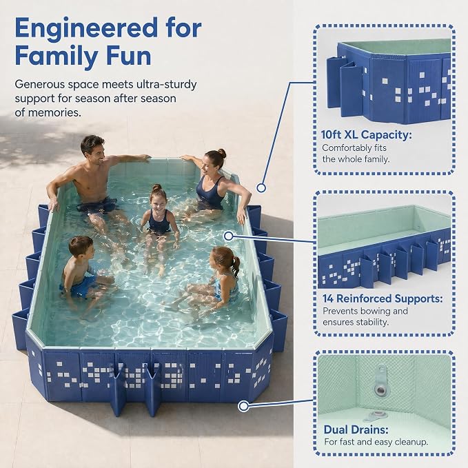 Foldable Pool Non-Inflatable, 122"×65"×20" Extra Large Collapsible Swimming Pool for Kids Adults, Hard PVC Board, 14 Triangle Supports, Family Backyard Outdoor Pool, Blue