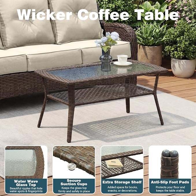 Patio Furniture Set, 7PCS Outdoor Wicker Conversation Set with 6" Thick Cushions, High Back Rattan Sofa & Swivel Rocker Chairs, Weather Resistant Olefin Fabric for Garden, Poolside, Beige