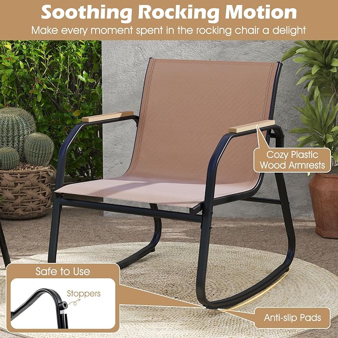 Tangkula 4 Pieces Patio Furniture Set with 2 Rocking Bistro Chairs, Outdoor Conversation Set with 2-Tier Coffee Table and Breathable Fabric Chairs for Porch, Garden, Lawn and Backyard (Brown)