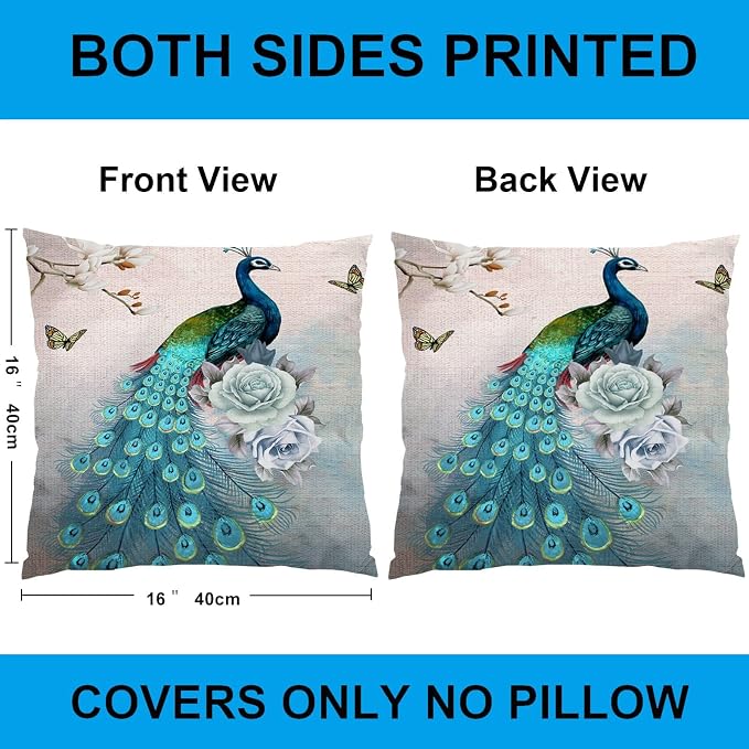 16x16 Peacock Pillow Case Set of 4, Blue Peacock Print Throw Pillow Covers, Decorative Velvet Square Cushion Covers with Zipper for Living Room Couch Sofa Decor