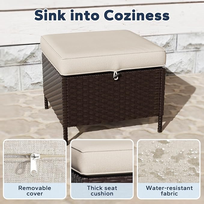 5 PCS Outdoor Conversation Set | 2 Swivel Chairs, 1 Side Table, 2 Ottomans, Patio Wicker Furniture with Removable Cushions for Bistro, Deck, Sunroom(Beige)