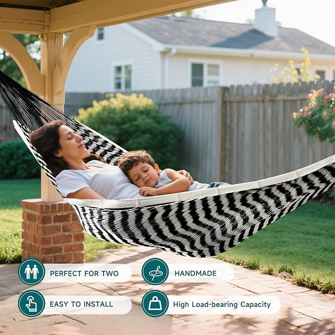 Handwoven Mayan Hammock with S Hooks - Breathable Open Weave for 1-2 Adults, Portable with Carry Bag by Bathonly (Backyard, Camping, Beach) - Black/White
