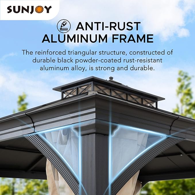 Sunjoy Hardtop Gazebo 11 x 13 ft. Outdoor Patio Black Anti-Rust Aluminum Frame, Double Tiered Gazebo with Ceiling Hook and Mesh Netting, Black