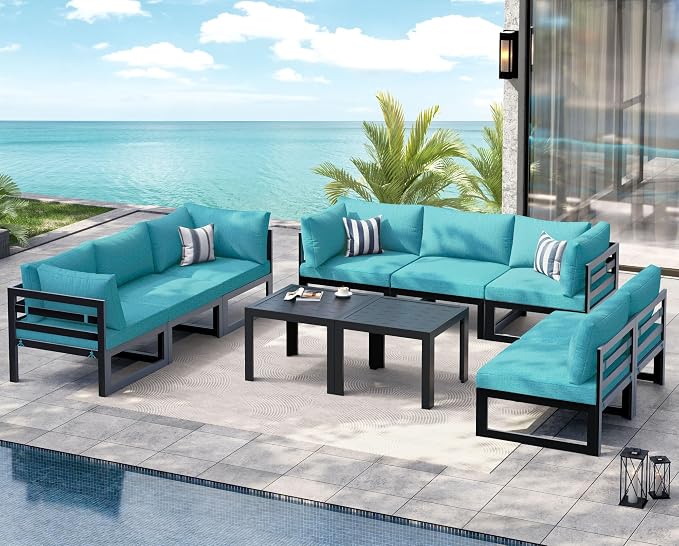 NICESOUL 10 Piece Oversized Modular Aluminum Outdoor Furniture Set, 29" Deep and Wide Sectional Seating, 500 lbs High Weight Capacity Water Resistant Patio Conversation Set for Garden Deck, Turquoise