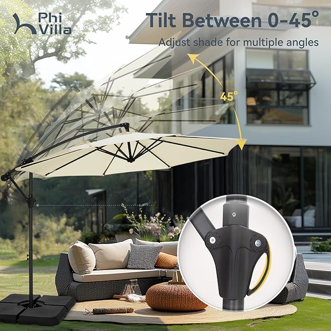 PHI VILLA 10ft Offset Patio Umbrellas, Outdoor Market Hanging Umbrella with 8 Ribs & Cross Base(No Weight), for Deck Pool Porch Backyard, Off-white