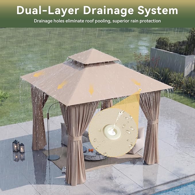 8'x8' Gazebo, Outdoor Gazebo Metal Frame Canopy with Double Roofs, Heavy Duty Patio Tent Shelter with Mosquito Netting and Privacy Screen for Backyard, Beige