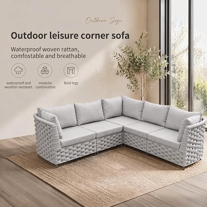 TWT 5-Piece Modular Outdoor Sectional Sofa Set, 5-Seater Woven Rope Patio Conversation Couch with Water-Resistant Cushions, for Backyard Balcony Deck, Khaki Gray