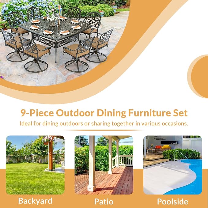 9 Piece Outdoor Patio Dining Set for 8, Cast Aluminium Large Square Dining Table & 4 Swivel Chairs, 4 Regular Chairs, 8 Cushions, Umbrella Hole, Patio Furniture Set for Garden, Khaki