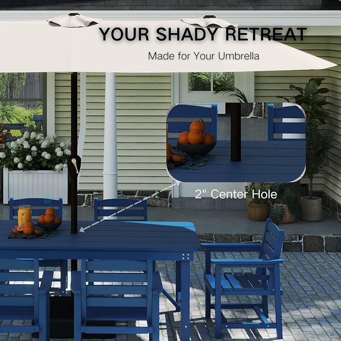 Kingdura 7 Piece Patio Dining Set for 6, HDPE Outdoor Table & Chairs with Umbrella Hole, All-Weather Outdoor Furniture Patio Conversation Set for Lawn Pool Backyard, Navy Blue