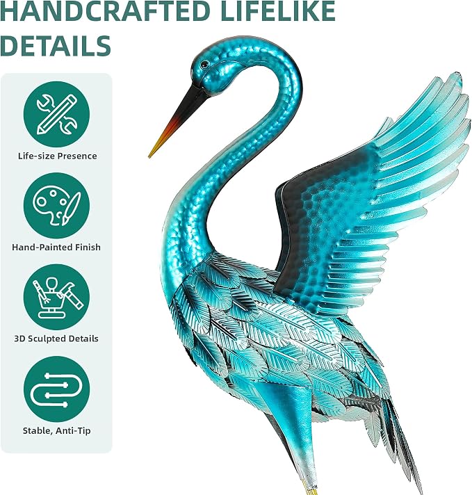 47.5" Metal Heron Garden Statue, Oversized Metal Crane Decor | Handcrafted Blue Heron with U-ground Stakes,Weatherproof Iron Bird Art for Backyard, Lawn, Patio