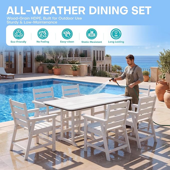5-Piece Dining Set, HDPE Table & 4 Chairs, White | HDPE Dining Set: 69.1" Table + 4 Chairs, 380 lbs, 304 Stainless, All-Weather, No Rust No Crack, Outdoor Patio Garden