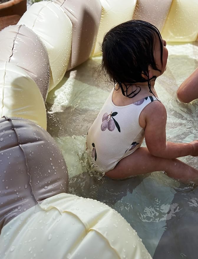 Petites Pommes Striped Inflatable Pool for Kids & Toddlers - Handprinted Classic Foldable Swimming Pool - Durable, BPA-Free PVC Kiddie Pools with Repair Patch & Storage Bag, Light Grey, 63 x 18 Inch