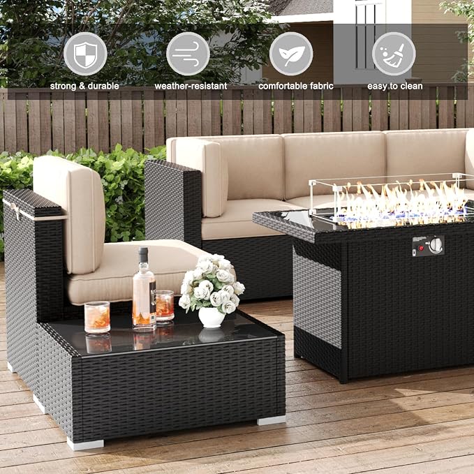 LayinSun 8 Pieces Patio Furniture Set with Fire Pit Table, Black Rattan Modular Sectional Patio Conversation Sofa Set