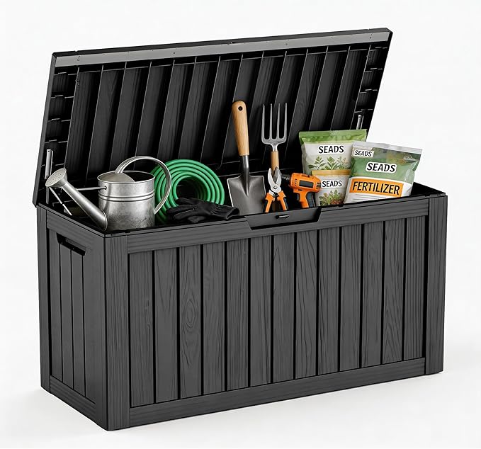 Waterproof Outdoor Storage Box, 85 Gallon Lockable Deck Box, UV-Resistant Outside Storage Bin With Hydraulic Lid For Patio Furniture, Cushion Organizer, Garden Tools, Pool Accessories, Black