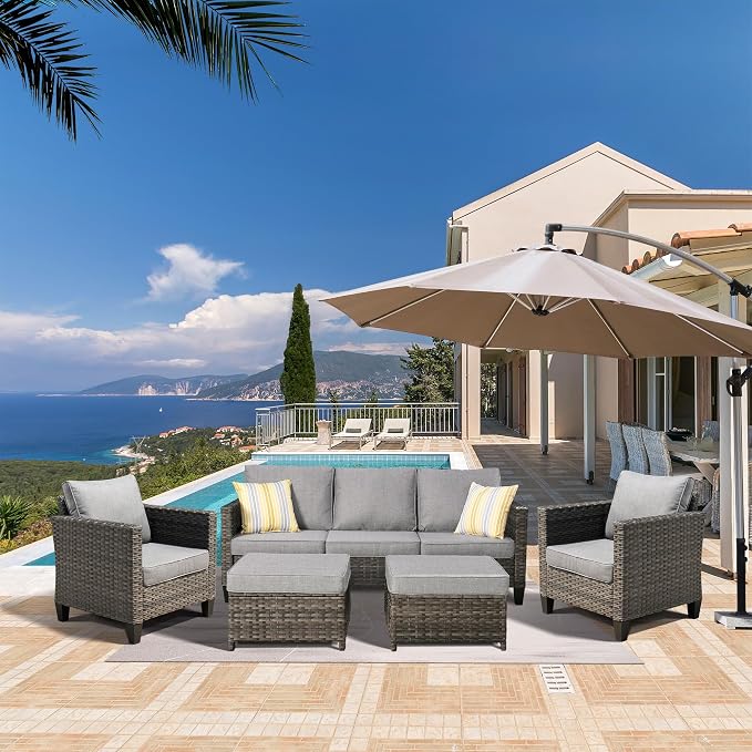 ovios 5 Pieces Patio Furniture Set, Outdoor Wicker Sofa Couch with Chairs Comfy Cushions, All Weather Grey Rattan Conversation Set for Backyard Deck Porch, Dark Grey