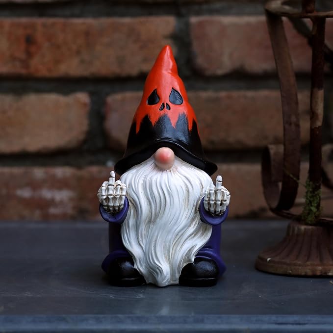 Halloween Middle Finger Gnome Statue with Skeleton Hands - Spooky Ghost Face Hat Resin Figurine 7.8in, Weather Resistant Indoor Outdoor Decor for Patio Yard Halloween Party, Novelty Edgy Gift
