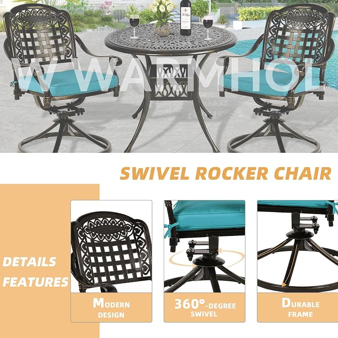 3-Piece Outdoor Patio Dining Set, All-Weather Cast Aluminum Patio Furniture Set for Backyard Garden Deck with 2 Swivel Cushioned Chairs and 35.4” Round Table, 2" Umbrella Hole, Ocean Blue