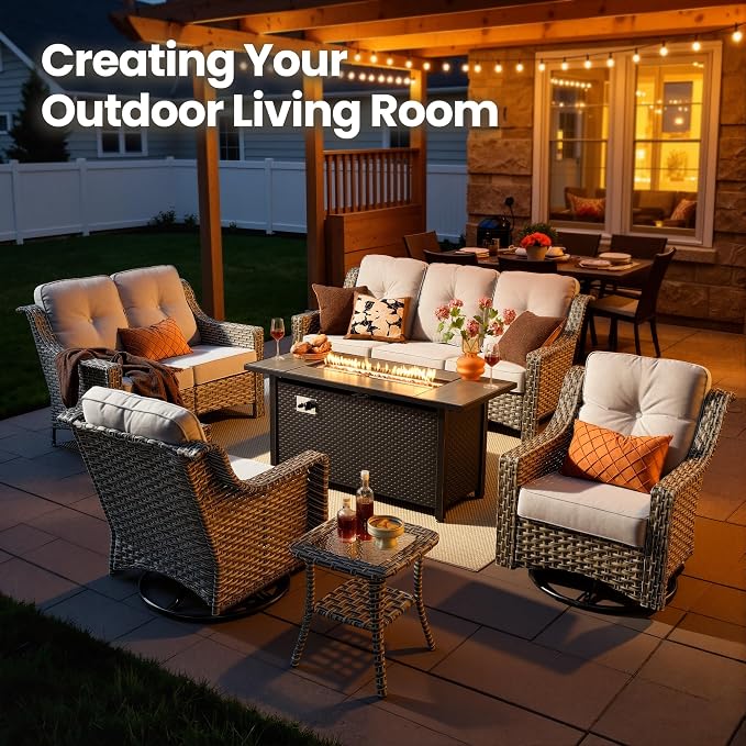 6 Piece Patio Furniture Set with Fire Pit Table, Conversation Sets with High Back Swivel Rocker Chairs, Outdoor Wicker Sofa Loveseat with Comfy Cushion for Backyard Deck Garden, Dark Gray