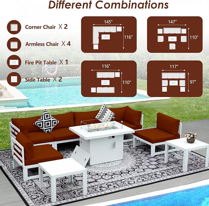 RADIATA 9 Piece High End Aluminum Patio Furniture Set with Fire Pit Table, 500 lbs Heavy Duty Outdoor Sectional Sofa, 29" Deep Wide Oversized Seating L Shaped Conversation Couch for Exterior, Burgundy