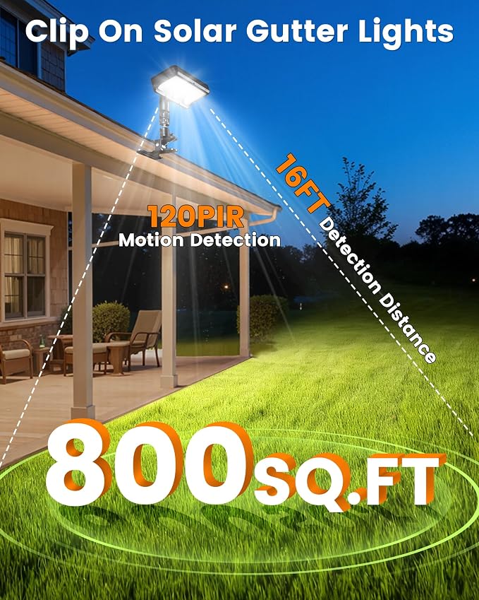 2PK Metal Clip on Solar Gutter Lights with Motion Sensor 600LM, Security Lights, Waterproof Outdoor Solar Lights for Fence, Deck, Patio, Garage, Camping