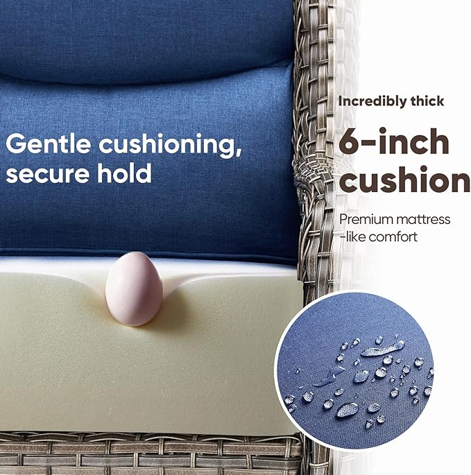 Swivel Patio Chairs sofa Set of 2 with 6" Thick Cushion - Wicker Outdoor Swivel Rocker Patio Chair ,Sofa/Glass coffee table, High Back Comfortable Outdoor Glider Chairs - Grey Wicker | Blue Cushions