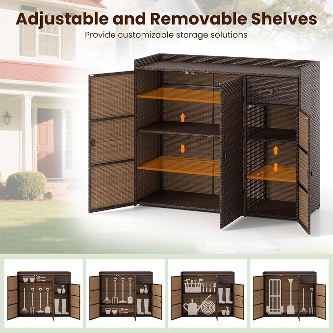 Tangkula Rattan Outdoor Storage Cabinet, Patiojoy Outdoor Cabinet with 2 Adjustable Shelves, 1 Drawer, 3 Doors, Patio Storage Deck Box Table for Patio Garden Poolside