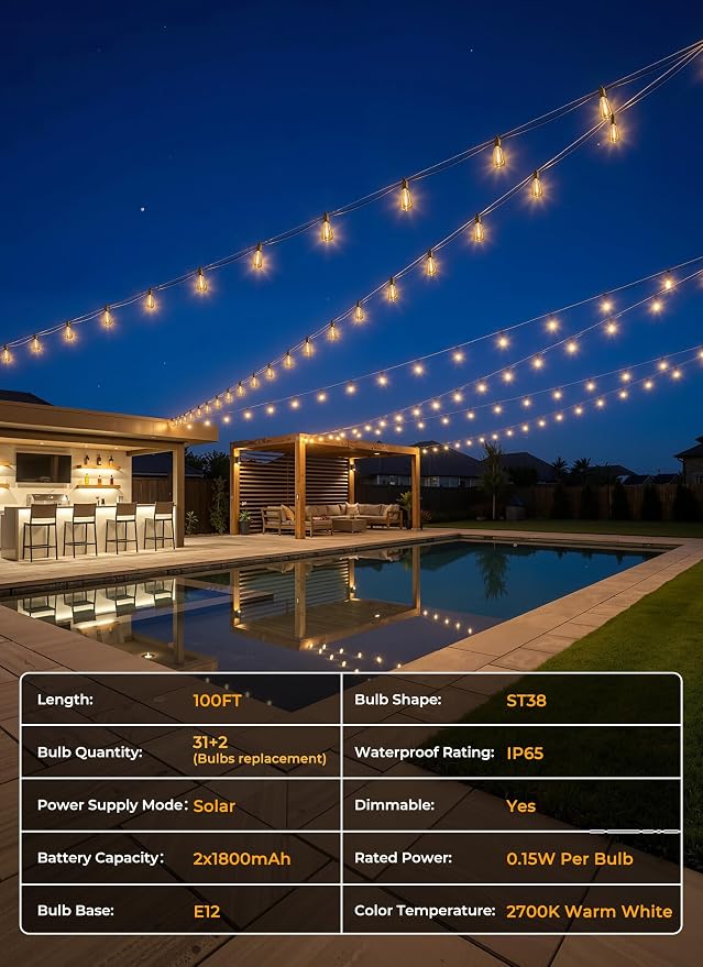 Brightown 100FT Solar String Lights Outdoor, 31+2 Shatterproof LED Lights | Waterproof, Remote Control, Dimmable, Timer, 3 Light Modes Solar Lights for Yard, Camping, Parties and Outdoor Decor