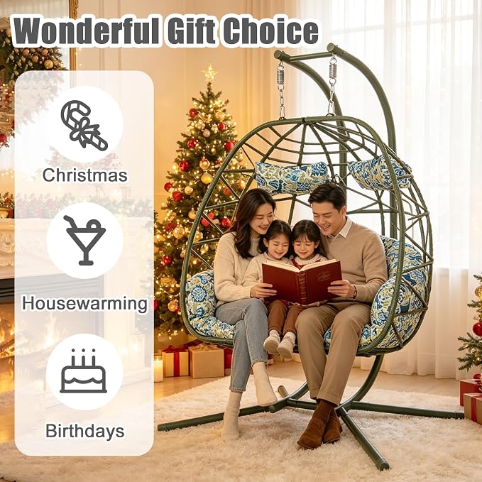 2 Person Double Hanging Egg Chair, Oversized Wicker Rattan Loveseat Swing Chair, Heavy Duty 600lbs Capacity, Foldable Basket Hammock Chair with Thick Cushion for Indoor Outdoor Patio Bedroom